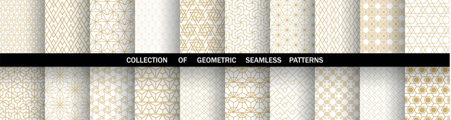 Fototapete - Geometric set of seamless golden and white patterns. Simple vector graphics