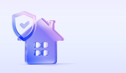 Poster - 3d home insurance banner. Glass holographic transparent house icon with gradient protect shield on blue background render. Concept of real estate finance safety, property guarantee. 3D illustration