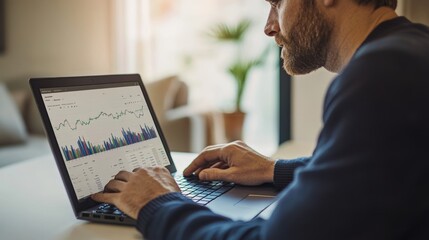 Poster - Man is typing on a laptop computer, looking at a graph on the screen. The graph appears to be related to finance or stock market trends. The man seems focused and engaged in his work