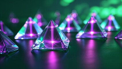 Poster - Colorful crystal pyramids reflecting light in a dark environment create a captivating visual display