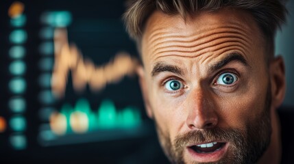 Poster - Man with a beard and blue eyes is staring at a screen with a graph on it. He looks surprised and is looking at the screen