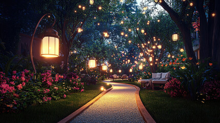 Poster - tranquil nighttime garden illuminated by glowing lanterns creates serene atmosphere. winding path is surrounded by vibrant flowers and lush greenery, inviting relaxation and reflection