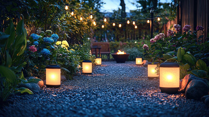 Poster - serene nighttime garden scene featuring glowing lanterns lining gravel path, surrounded by vibrant flowers and soft lighting. atmosphere is peaceful and inviting, perfect for relaxation