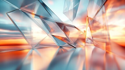 Poster - Geometric crystalline structures reflecting sunset hues creating an abstract and modern visual with clean lines and refractive patterns