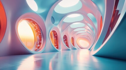 Poster - A mesmerizing futuristic architecture corridor with organic shapes vibrant light and reflection offering a unique visual experience and perspective