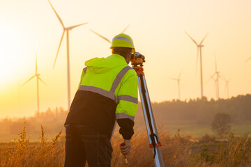 Aufkleber - Engineer man working at windmill farm Generating electricity clean energy. Wind turbine farm generator by alternative green energy.
