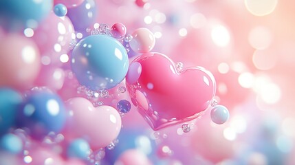 Poster - romantic scene featuring floating pastel hearts and spheres with sparkling gems on a soft pink bokeh