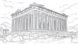 © Falfa - Ancient Greek temple line drawing, dramatic cloudscape background, for coloring book or educational use