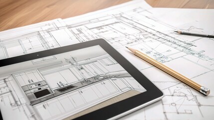 Poster - Digital Tablet Showcasing 3D Kitchen Design Plans and Blueprints