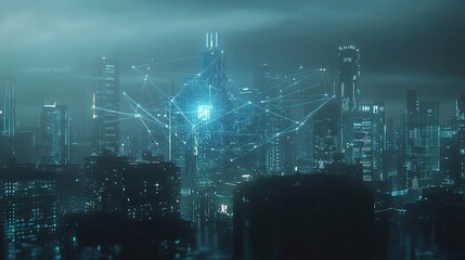 Poster - Futuristic City Skyline with Holographic Network Visualization at Night