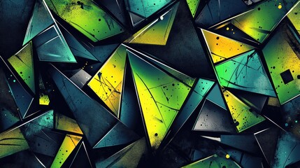 Poster - TRiangular pattern burst with vibrant greens yellows and teals creating an artistic fractured dynamic graphic presentation effect background