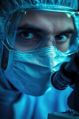 Aufkleber - focused scientist in protective gear examines sample through microscope, showcasing dedication and precision in laboratory setting. blue lighting enhances atmosphere of scientific inquiry