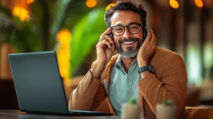 Poster - Man is sitting at a table with a laptop and a cell phone. He is smiling and talking on the cell phone