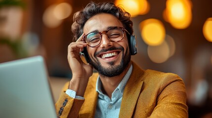 Poster - Man wearing glasses and a yellow jacket is smiling while talking on his cell phone. He is sitting at a table with a laptop in front of him