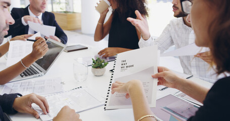 Poster - Team, business people and hands with document for coaching, about us and company values. Meeting, paperwork and training with manager for vision, guide or mission with strategy discussion in office