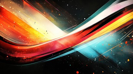 Poster - Abstract energetic wave flowing with vibrant colors against a cosmic dark backdrop with scattered particles and a textured feel artwork