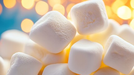 Poster - Pile of marshmallows with a blue background. The marshmallows are white and are piled on top of each other