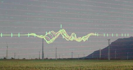 Poster - Wind turbines in field with financial data graph animation over landscape