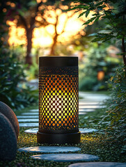 Poster - beautifully designed garden lantern illuminates serene pathway, casting warm glow amidst lush greenery. intricate pattern of lantern adds touch of elegance to tranquil outdoor setting