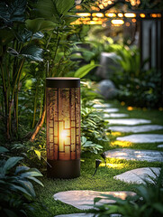 Poster - modern garden scene featuring stylish outdoor lamp illuminating pathway surrounded by lush greenery. warm glow of lamp creates serene and inviting atmosphere, perfect for evening relaxation