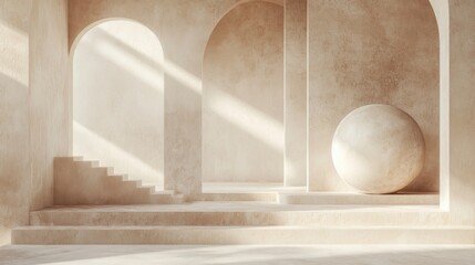 Poster - Serene architectural scene with arches staircase and a sphere creating a minimalist and modern aesthetic bathed in warm light ambiance