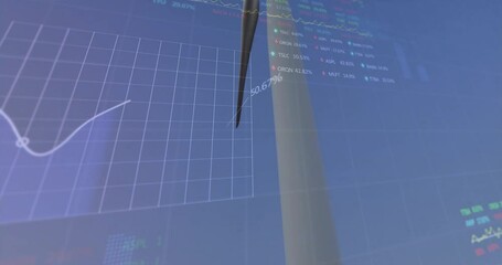 Poster - Animation of financial data graphs overlaying sky with wind turbine in background