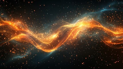 Poster - Abstract glowing energy wave with particles on dark background dynamic flow of golden lines and shimmering lights for cosmic themes