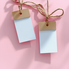 Poster - Blank tags with minimalist design, featuring light pink background and natural twine, evoke sense of simplicity and elegance. Perfect for branding or gift wrapping