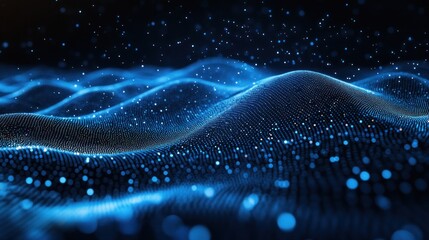 Poster - Immersive digital landscape featuring glowing blue particle waves and bokeh simulating abstract data flow in futuristic technology design