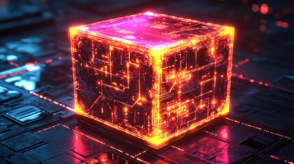 Poster - Illuminated circuit board cube with intricate glowing pathways symbolizing high technology and digital data transmission with a cyberpunk aesthetic
