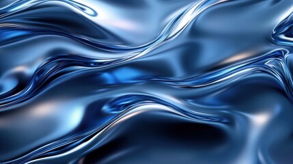 Poster - Ethereal blue waves cascade with glossy reflections creating a mesmerizing fluidity in a modern abstract digital rendering art piece