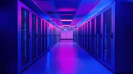 Fototapete - Hallway lined with servers illuminated by pink and blue neon lighting. Use this for digital infrastructure, IT solutions, or data center concepts.