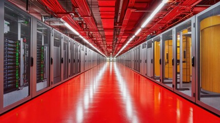 Poster - Rows of server racks in a data center with red floor and ceiling. Ideal for illustrating data, technology, or network infrastructure concepts.