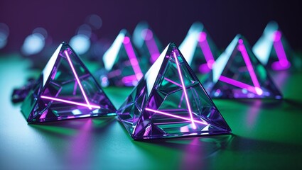 Poster - Colorful glass pyramids illuminated with vibrant neon lights in a darkened setting