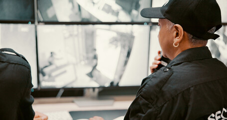 Poster - Camera, security and person on computer screen for surveillance, inspection and monitoring. Observation, footage and guard with live feed on monitor for protection, or building safety in control room