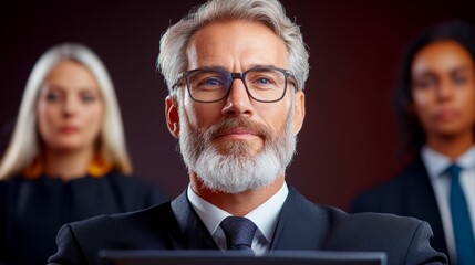 Poster - Man with glasses and a beard stands in front of two women. He is wearing a suit and tie