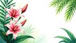 © wichai - Watercolor painting of lilies and palm leaves in lush jungle setting against white background with space for design elements,  palm leaves,  art