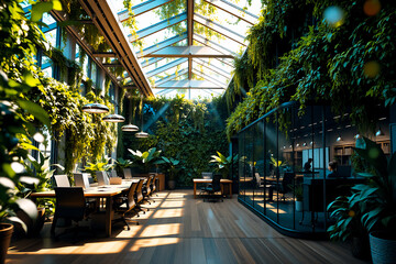 Aufkleber - Modern office interior with lush green plants covering walls and ceiling, illuminated by natural light through a glass roof, creating a vibrant and airy workspace.