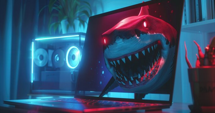 Fierce digital shark artwork on a laptop