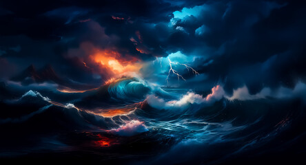 Poster - A dramatic storm scene over a turbulent sea with dark clouds and lightning illuminating the powerful waves. Orange light contrasts with the dark blue sky.