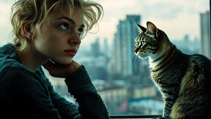 Poster - Student Freelancer Working From Home With Her Cat by the Window Generative AI