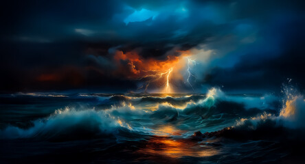 Poster - Dramatic ocean view with bright lightning illuminating powerful waves under a dark, stormy sky.