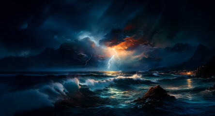 Poster - A dramatic night scene of a stormy sea with large waves crashing under a dark, cloudy sky illuminated by a bright lightning strike near distant mountains.