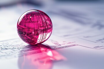 Poster - A vibrant pink globe perched atop a technical diagram sheet, reflecting innovation, architectural planning, and global interconnectedness in modern design.
