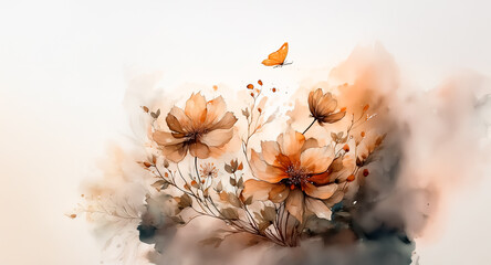 Poster - Watercolor floral painting featuring soft orange blossoms and a butterfly. Delicate brushstrokes create a gentle, airy, and peaceful composition against a light backdrop.
