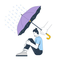Poster - Support during mental health crisis 2D illustration concept. Protection in difficult times. Hand holding umbrella over depressed man cartoon character isolated on white. Flat abstract vector graphic