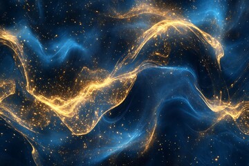 Poster - Abstract swirling golden and blue energy waves with particles.