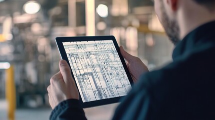 Poster - Man Holding Tablet While Reviewing Industrial Blueprints in Factory
