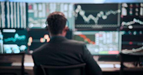 Aufkleber - Computer, finance and blur of man for stock market, financial analytics and trading review. Call center, business and back of person with monitor for online investment, revenue charts and statistics