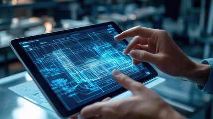 Poster - Close-Up of Tablet Screen Displaying 3D Building Blueprint Design